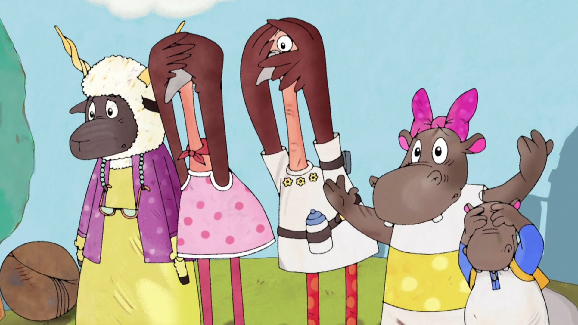 Cartoon animals in clothes, covering their eyes in worry.