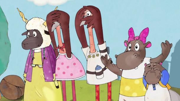Cartoon animals in clothes, covering their eyes in worry.